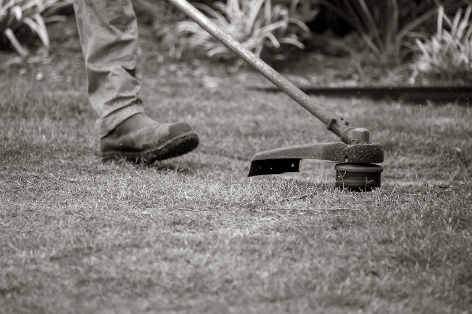A gardener in protective clothing, including a helmet and dark uniform, is seen trimming a well-maintained hedge along a paved sidewalk in a park or garden area. The scene is shaded by large, lush gre